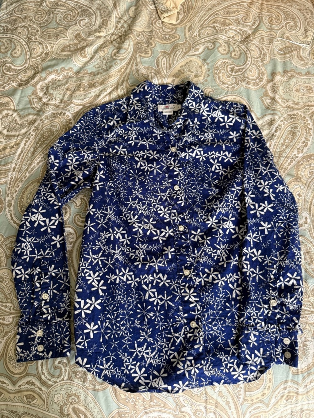 Vineyard Vines Women’s Navy and White Floral Cotton Button Down Shirt Size 4